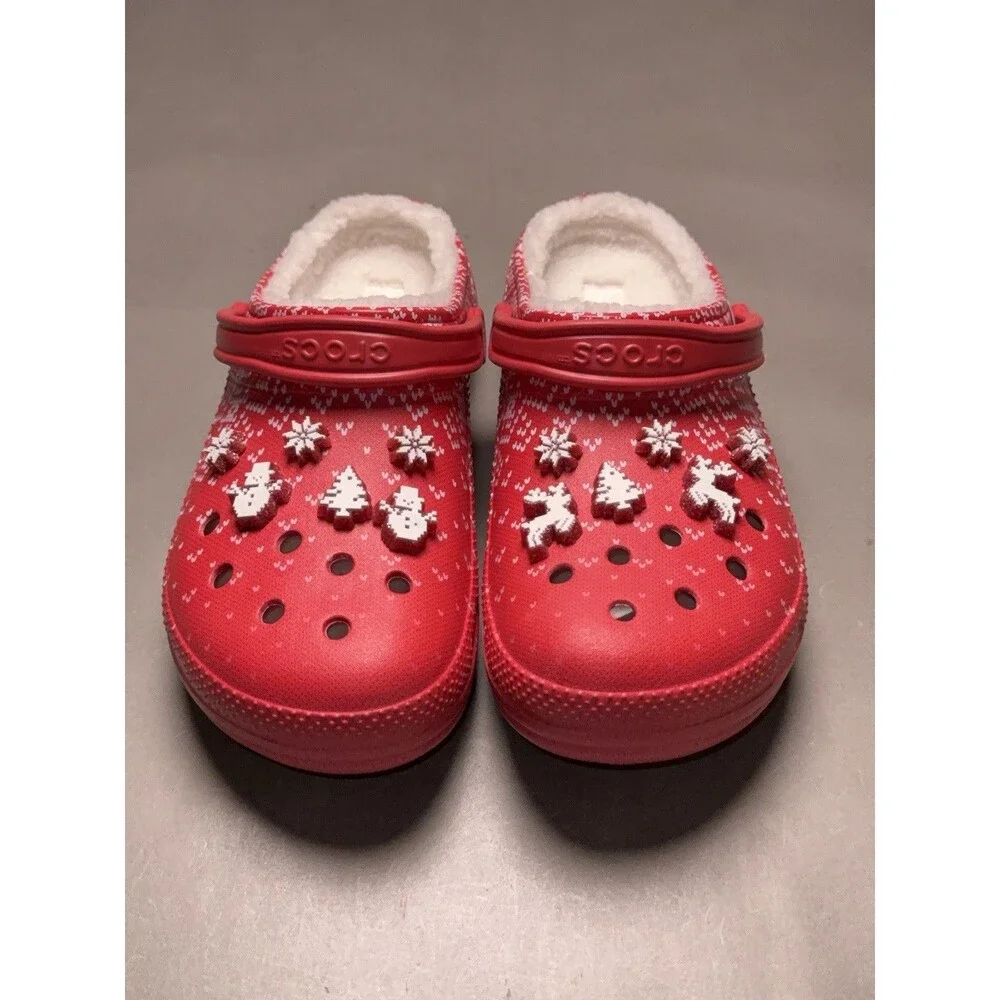 Crocs Classic Fur Lined Holiday Christmas Charm Clog Slippers Red M 13 NWT